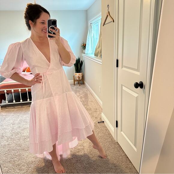 NWT GANNI Pink White Floral Poplin Wrap Maxi Dress 36 Small - Picture 2 of 14